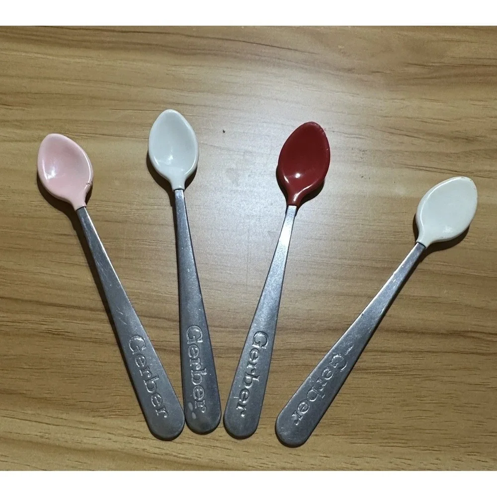GERBER Lot of 4 baby spoons soft tip Made In USA Stainless Red Pink White